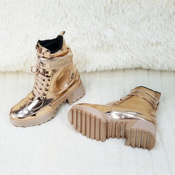 SIZE 11 Lynn Rose Gold Champagne Lug Sole Combat Boots - Picture 5 of 12